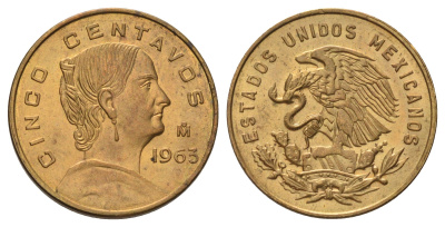 Мексика 5 сентаво 1963 Жозефа Ортис де Домингес KM 426 латунь UNC 4580-246
