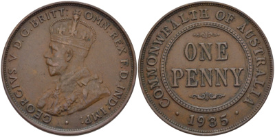 АВСТРАЛИЯ 1 ПЕННИ 1935 ГЕОРГ V KM 23 бронза 82-735