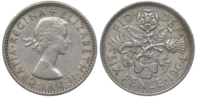 Великобритания 6 пенсов 1964 Елизавета II (1952-2022) KM 903, Spink 4149 медно-никель 4122-626