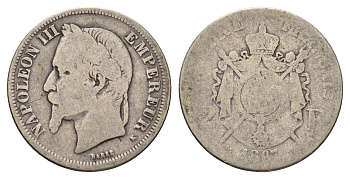 Франция 2 франка 1867 K, Наполеон III (1852-1870) KM 807.3 серебро 5010-2012