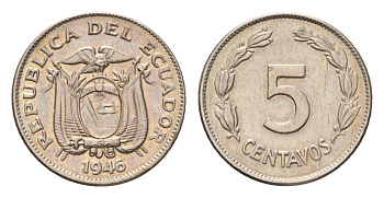 Эквадор 5 сентаво 1946 год-тип KM 75b медно-никель aUNC 4669-645