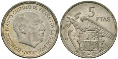 Испания 5 песет 1957 (67) Франсиско Франко (1939-1975) KM 786 медно-никель 4579-152