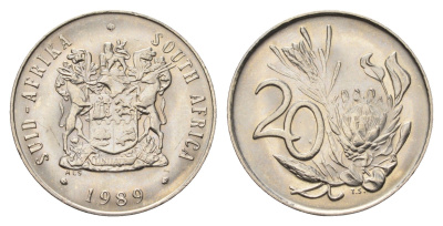 ЮАР 20 центов 1989 герб, цветок протея KM 86 никель UNC 4693-811