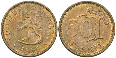 Финляндия 50 пенни 1965 S KM 48 алюминиевая бронза aUNC 4586-533