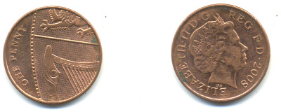 Великобритания 1 пенни 2008 Елизавета II (1952-2022) KM 1107, Spink B6 сталь плакированная медью 177-1147