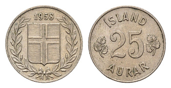 Исландия 25 эйре 1958 KM 11 медно-никель 4690-615