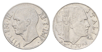 Италия 20 чентезимо 1941 R, Виктор Эммануил III (1900-1946) KM 75b нержавеющая сталь 4705-569