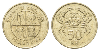 Исландия 50 крон 1987 краб KM 31 никель латунь 4695-543