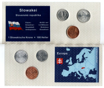 Словакия набор из 3 монет (10, 20 и 50 геллеров) 1993, 2001 и 2002 в красочной упаковке с информацией о стране KM 17, 18 и 35 UNC 5-4-1-102