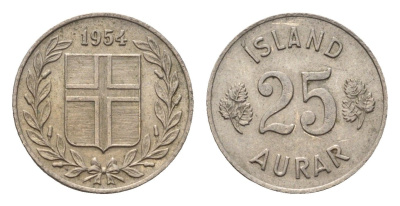 Исландия 25 эйре 1954 KM 11 медно-никель 4696-324