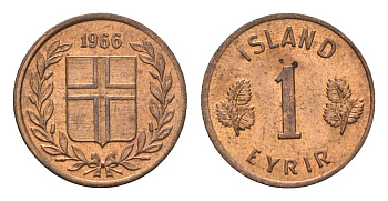 Исландия 1 эйре 1966 KM 8 бронза UNC 4690-738
