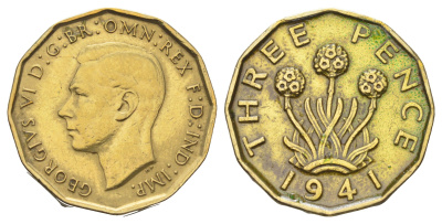 Великобритания 3 пенса 1941 Георг VI (1936-1952) KM 849, Spink 4112 никель латунь 4698-1017