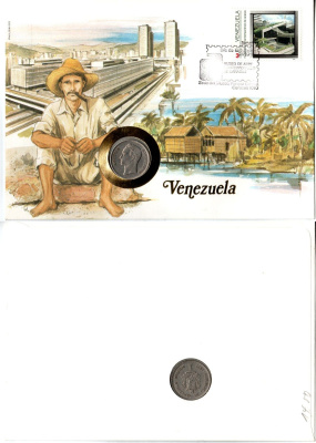 Венесуэла 1 боливар 1977 конверт с маркой первого дня гашения, Coins of Nations KM 52, Schon 62 никель 9005-07