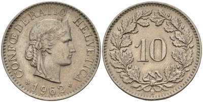 Швейцария 10 раппенов 1962 B KM 27 медно-никель 4189-366