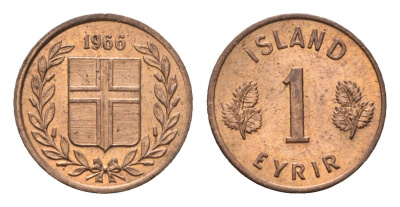 Исландия 1 эйре 1966 KM 8 бронза UNC 4696-252