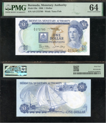 Бермудские острова 1 доллар 1986 Елизавета II (1952-2022), парусные лодки, Гамильтон, в слабе PCGS 64 Choice Uncirculated Pick 28 c  бумага  UNC (пресс) 452-1-130