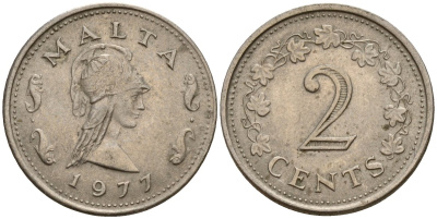 Мальта 2 цента 1977 Пентесилея, царица амазонок KM 9 медь цинк 4154-713