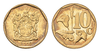 ЮАР 10 центов 2000 герб, цветок алоэ KM 161 сталь плакированная бронзой UNC 4694-763
