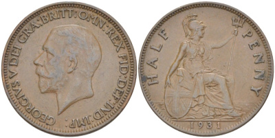 Великобритания 1/2 пенни 1931 Георг V (1910-1936) KM 837, Spink 4058 бронза 4513-1017