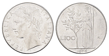 Италия 100 лир 1976 R, Афина в доспехах KM 96.1 нержавеющая сталь 4704-732