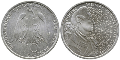 ФРГ 10 марок 1999 F, 250 лет со дня рождения Иоганна Гете KM 197 серебро UNC 4111-415