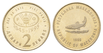 Македония 2 денара 1995 50 лет ФАО, серый цвет KM 6a медь цинк никель UNC 4699-142
