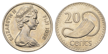 Фиджи 20 центов 1985 Елизавета II (1952-2022), китовый зуб KM 31 медно-никель aUNC 4545-736
