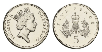 Великобритания 5 пенсов 1990 Елизавета II (1952-2022) KM 937b, Spink 4372 (D4) медно-никель BU 4690-767