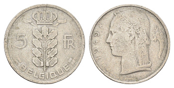 Бельгия 5 франков 1949 Belgique, Бодуэн I (1951-1993) KM 134 медно-никель 4704-1046