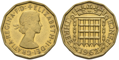 Великобритания 3 пенса 1962 Елизавета II (1952-2022) KM 900, Spink 4153 никель латунь 4592-424