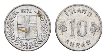 Исландия 10 эйре 1971 KM 10a алюминий UNC 4696-315
