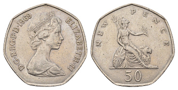 Великобритания 50 пенсов 1969 Елизавета II (1952-2022) KM 913, Spink 4223 (H1) медно-никель 4692-321