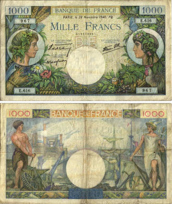ФРАНЦИЯ 1000 ФРАНКОВ 1940 28 НОЯБРЯ 1940 Pick 96а бумага VF 8607-91-1