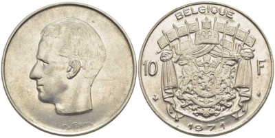 Бельгия 10 франков 1971 Belgique, Бодуэн I (1951-1993) KM 155.1 никель 115-714