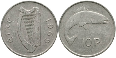 ИРЛАНДИЯ 10 ПЕНСОВ 1969 ЛОСОСЬ KM 23 медно-никель 4531-732