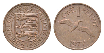 Гернси 1 пенни 1977 Елизавета II (1952-2022), северная олуша в полете KM 27 бронза 4702-749