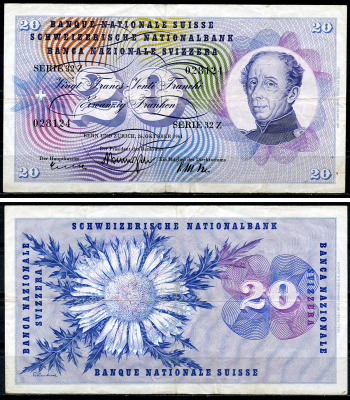 Швейцария 20 франков 1961 Гийом-Анри Дюфур, подписи Brenno Galli, Ikle, Kunz Pick 46 i (3)  бумага   6352-28-2-1