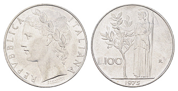 Италия 100 лир 1975 R, Афина в доспехах KM 96.1 нержавеющая сталь 4704-724
