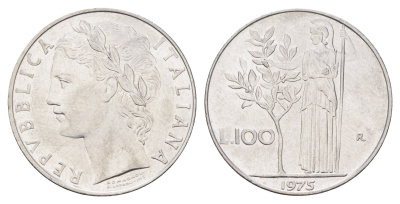 Италия 100 лир 1975 R, Афина в доспехах KM 96.1 нержавеющая сталь 4704-724