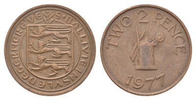 Гернси 2 пенса 1977 Елизавета II (1952-2022), ветряная мельница KM 28 бронза 4703-1113