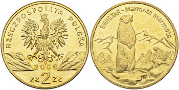 Польша 2 злотых 2006 MW, серия всемирная природа, альпийский сурок KM 534, Parchimowicz 988 нордик UNC 4676-341