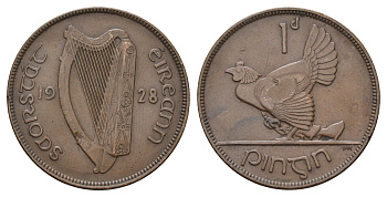 Ирландия 1 пенни 1928 курица с цыплятами KM 3 бронза 4517-725