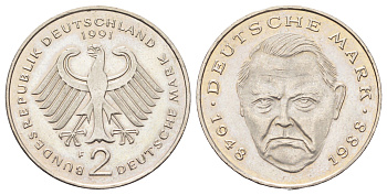 ФРГ 2 марки 1991 F, Людвиг Эрхард, 40 лет Федеративной Республике (1948-1988) KM 170, J. 445 медно-никель плакированный никелем 4699-951