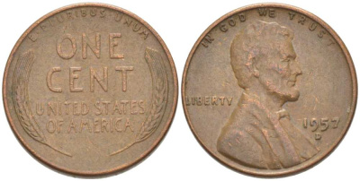 США 1 ЦЕНТ 1957 D, ЛИНКОЛЬН KM А132 медь цинк 3309-1219