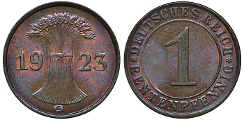 Германия 1 рентенпфенниг 1923 G KM 30, J. 306 бронза UNC 72-1166