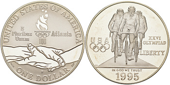 США 1 доллар 1995 Р, XXVI Олимпийские игры в Атланте, велоспорт KM 263 серебро PROOF 1091-7-52