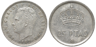 Испания 25 песет 1982 Хуан Карлос I (1975-2014) KM 824 медно-никель 4168-1124