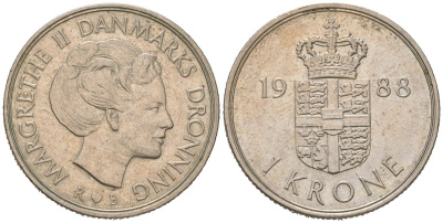 Дания 1 крона 1988 R; S, Маргрете II (1972-) KM 862 медно-никель aUNC 216-147