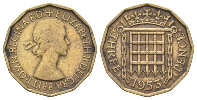 Великобритания 3 пенса 1953 Елизавета II (1952-2022), год-тип KM 886, Spink 4152 никель латунь 4698-1022
