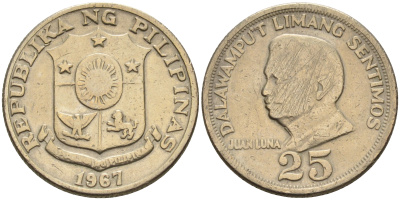 Филиппины 25 сентимо 1967 Хуан Луна KM 199 медь цинк никель    4595-952